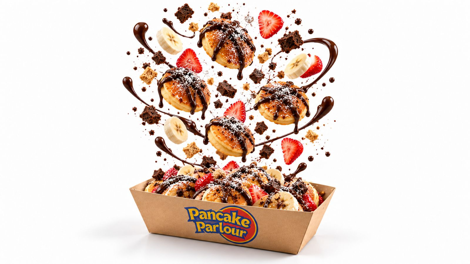 Pancakes, fruit and chocolate suspended above a serving box